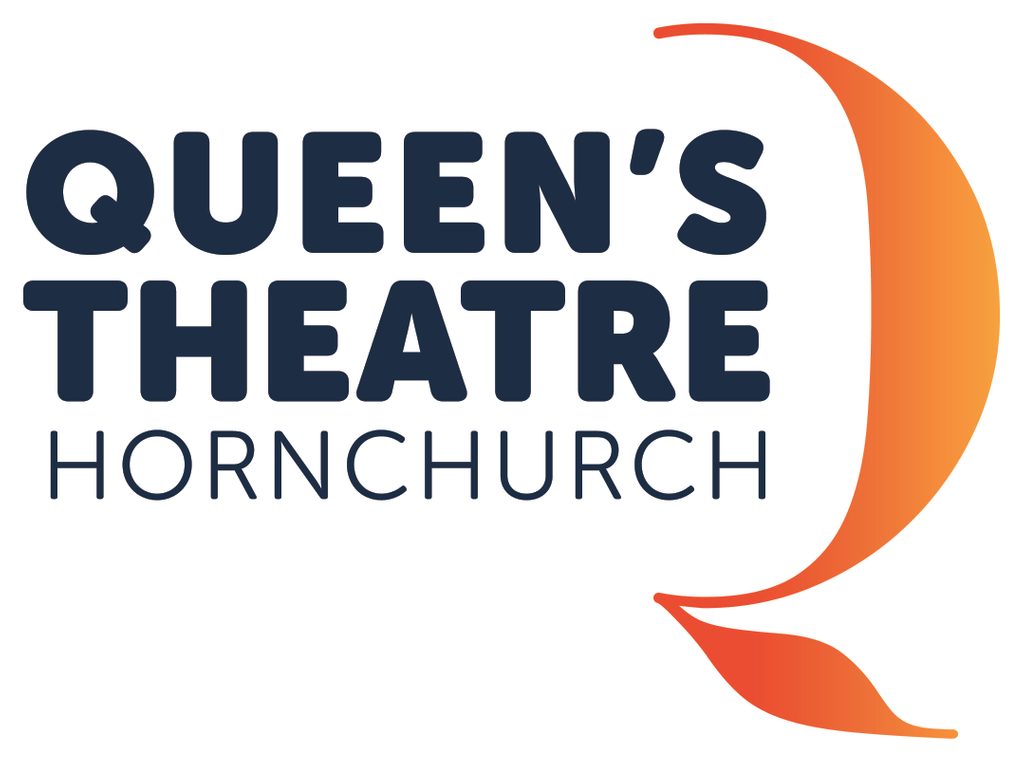 The logo for Queen's Theatre Hornchurch which features those words and an orange semi-circle with a leaf at the bottom