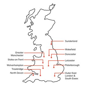 A map of England, Wales and Scotland with 13 points highlighted: Sunderland, Wakefield, Doncaster, Leicester, Peterborough, Outer East London & South Essex, North Devon, Trowbridge, Wolverhampton, Stoke-on-Trent and Greater Manchester.