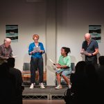 Four actors reading (three standing and one sitting) for a rehearsed reading during New Views Festival 2023 Photos by Emma Hare