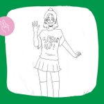 A drawing of a young person wearing a t-shirt with the words Speak Up! on the front and a short skirt with knee-high socks, their hair in a half-bun and they're waving