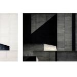 Two images of part of the exterior of the National Theatre, one lightly sketched in whites and greys, and the other a much more detailed and larger scale version of the former, in shades of black and greys.