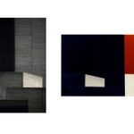 Two images of part of the exterior of the National Theatre, one fully rendered in black and grey, and the other an almost abstract version of the former, in black red and white oblongs.