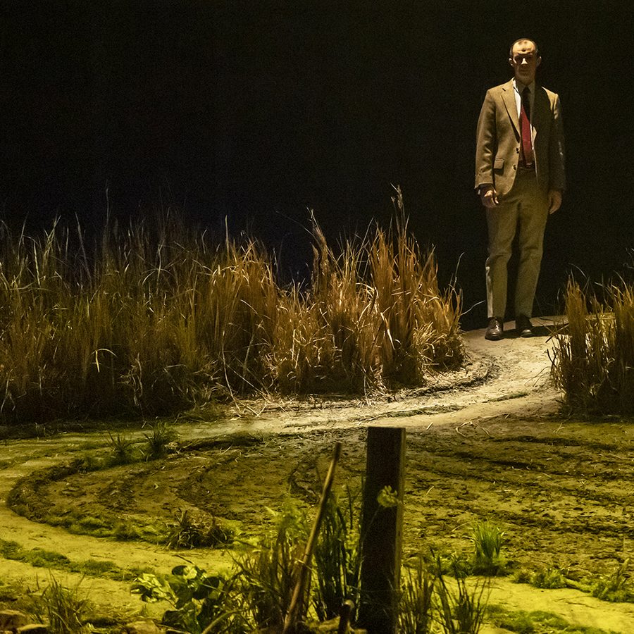 The set of Dancing at Lughnasa: A lush green field with a winding path. On the horizon stands a man, wearing a suit.