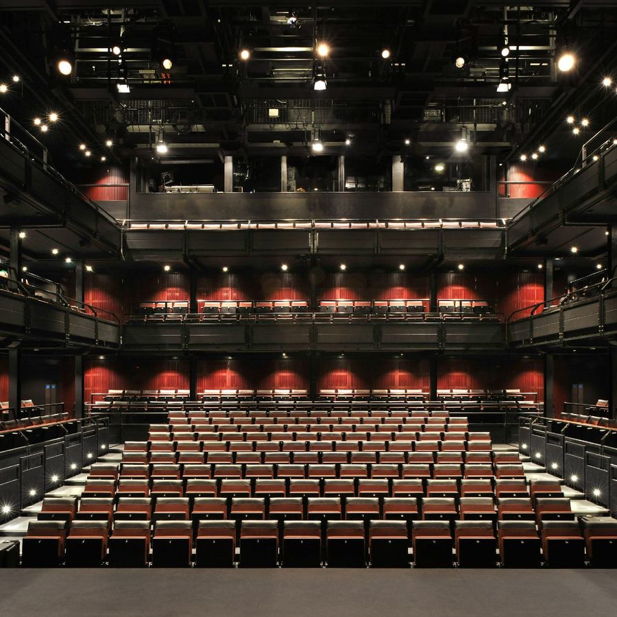 Dorfman Theatre seating as viewed from the stage, in steep rake configuration