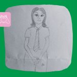 A drawing of a young person wearing a school uniform wit big eyes and shoulder-length straight hair