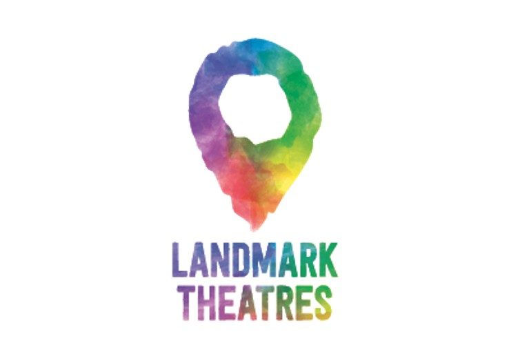 A pear shape with a whole in it with the words Landmark Theatres unerneath it in soft multicolours