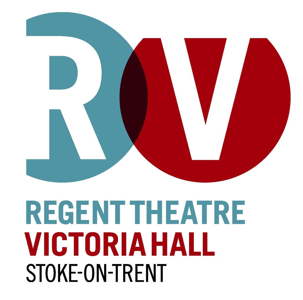 The logo for Regent Theatre and Victoria Hall in Stoke-on-Trent, a white R against a blue circle and a white V against a red circle with the names of the theatre underneath