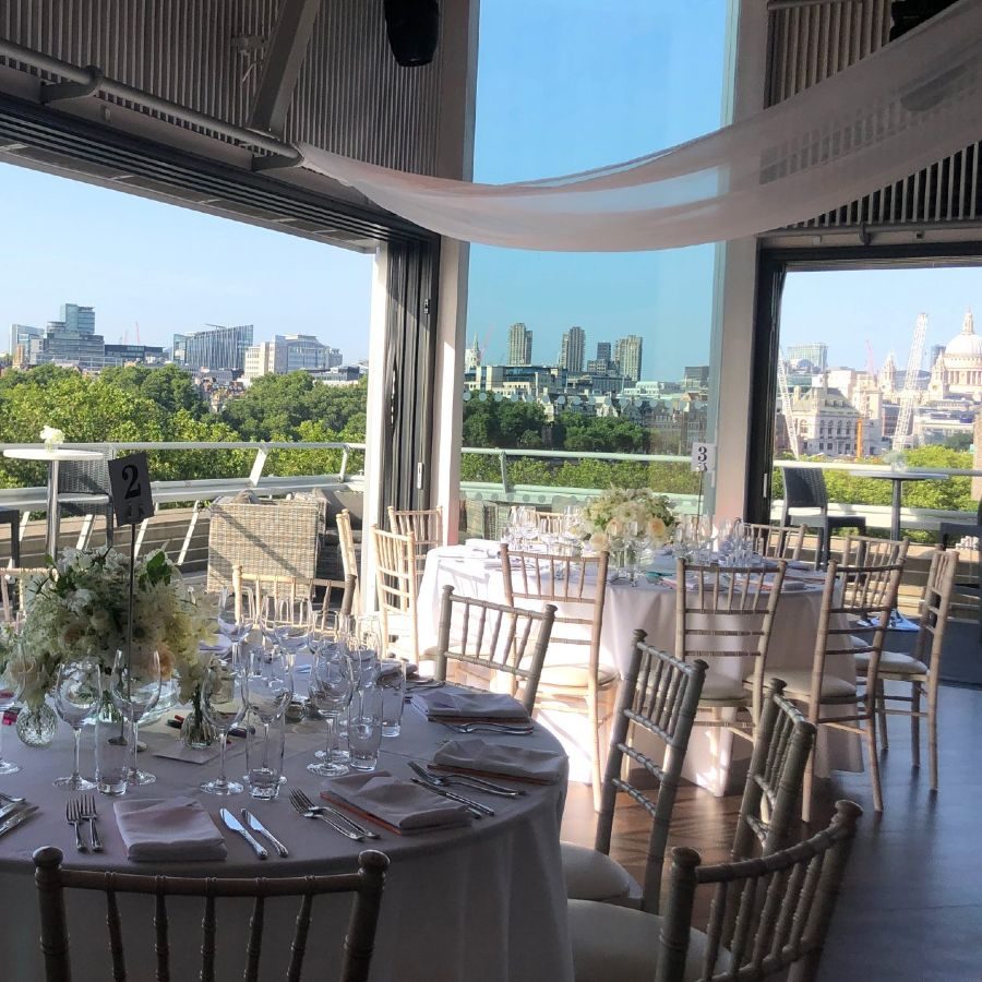 The Buffini Chao Deck wedding set up with round tables, white chairs foral arrangements and a view of the city of London skyline