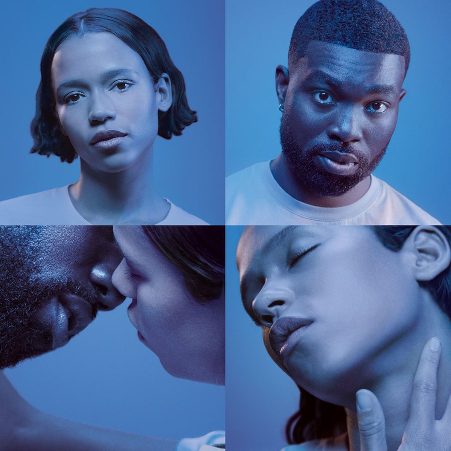 A blue-tinted photomontage split into four quadrants, with portraits of Taylor Russell in the top-left and Paapa Essiedu in the top-right, Paapa and Taylor about to kiss in the bottom-left and Taylor touching her neck, eyes closed, in the bottom-right.