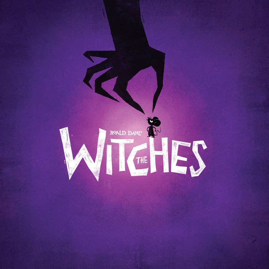 Title treatment of Roald Dahl's The Witches, with a cartoon of a claw-like hand reaching down to pick up a belligerent-looking mouse who is standing on the H of Witches.