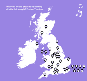 A map of Great Britain against a purple background with a set of dots representing a variety of theatre venues across the union